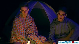 Young twink anal fucked by stepbrother while camping
